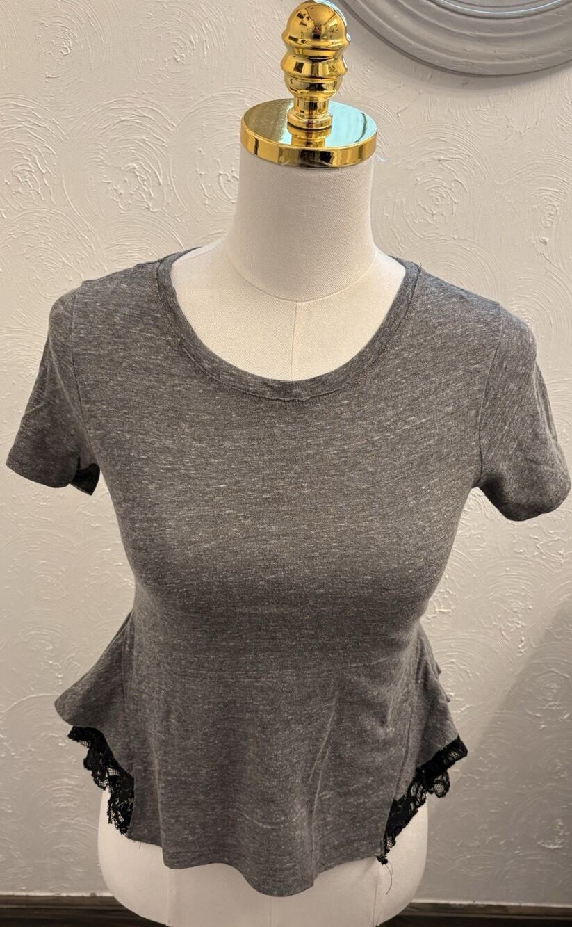 Free People Gray Short Sleeve Peplum T-shirt Black Lace Detail Size Small